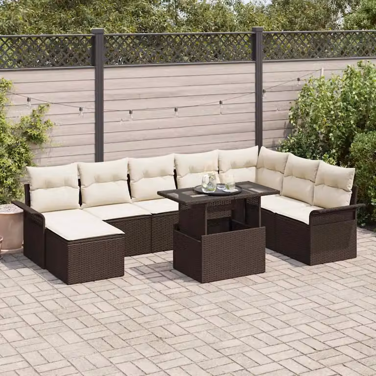 Set Divano da Giardino vidaXL 9 pz Marrone con Cuscini e Tavolino in Polyrattan e Metallo