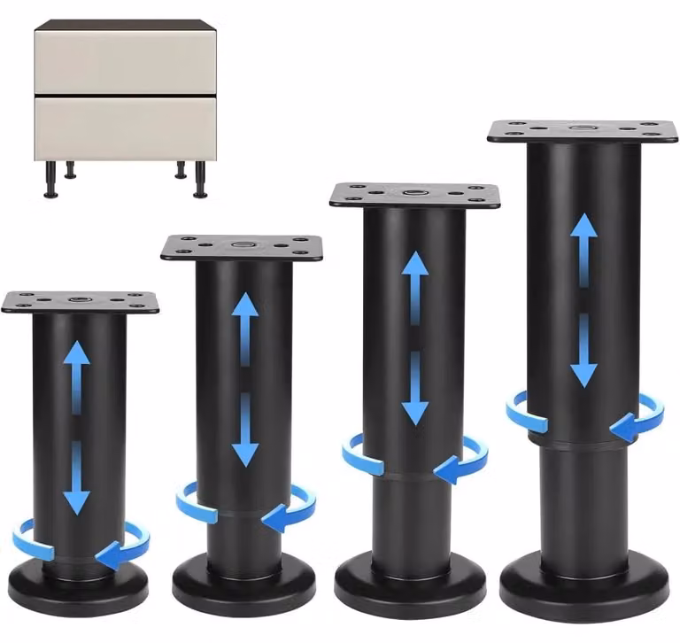 Piedini regolabili in altezza per letto - Piedini telescopici per mobili - 18–30 cm - Acciaio laminato a freddo - Fissaggio a vite - Protezioni per pavimenti in PP - Set da 4