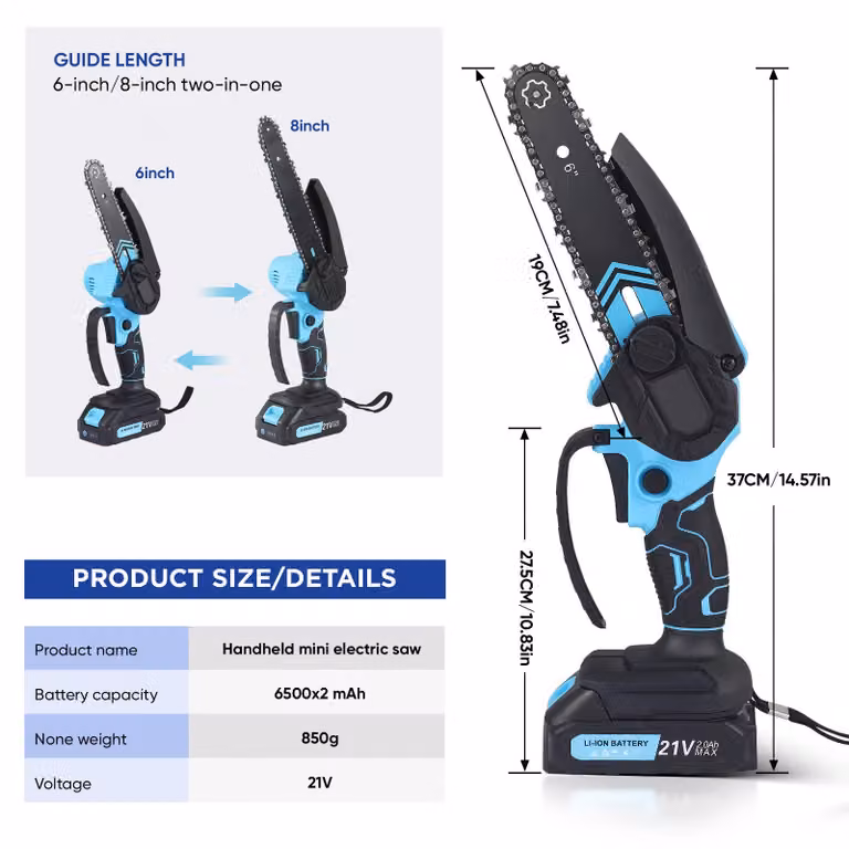 Mini motosega elettrica, a doppia batteria, motore brushless, blu