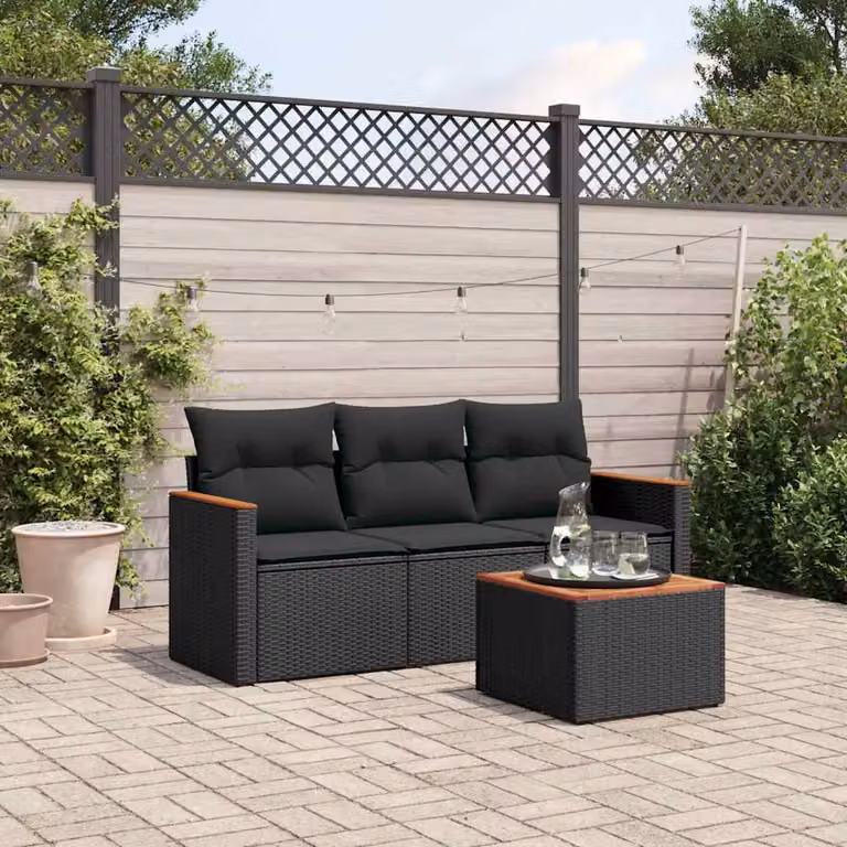 vidaXL Set Divani da Giardino 4 Pezzi con Cuscini e Tavolino Nero in Polyrattan e Acciaio