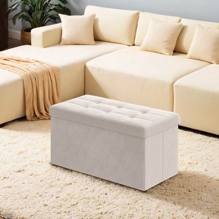 Panca contenitore in tessuto, con vano portaoggetti integrato e seduta pieghevole | Bianco | 76x38x38 cm