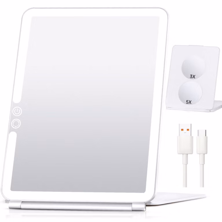 Specchio da viaggio per il trucco, con 3 tonalità di luce, ingrandimento 5x e 3x, pieghevole, batteria da 1800mAh, ideale per viaggi