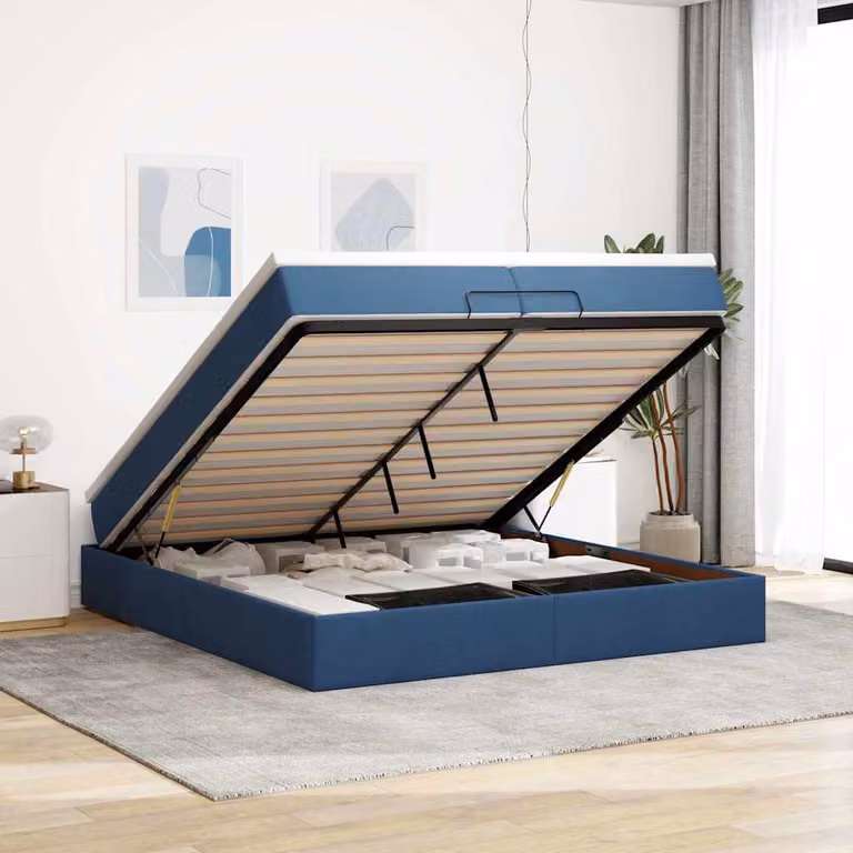 Letto con contenitore a sollevamento vidaXL in tessuto blu e bianco, L 200 x P 200 x H 28 cm