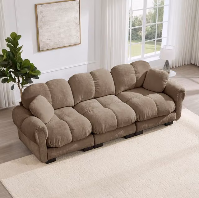 Divano modulare in ciniglia marrone; 260 x 86 x 90 cm