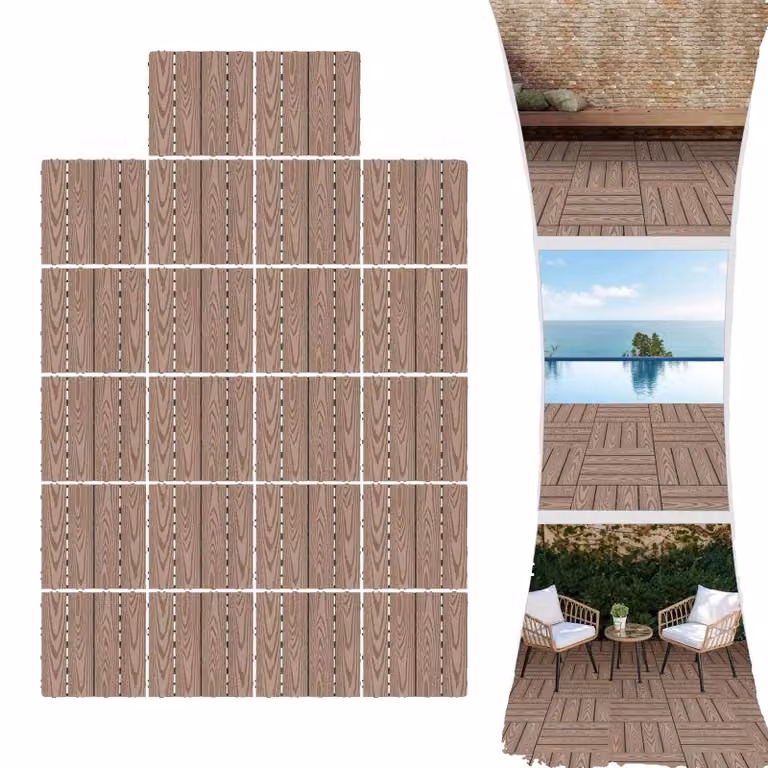 Piastrelle per esterni, realizzate in materiale WPC, dimensioni 30cm x 30cm, sistema di incastro, resistenti agli agenti atmosferici, superficie liscia