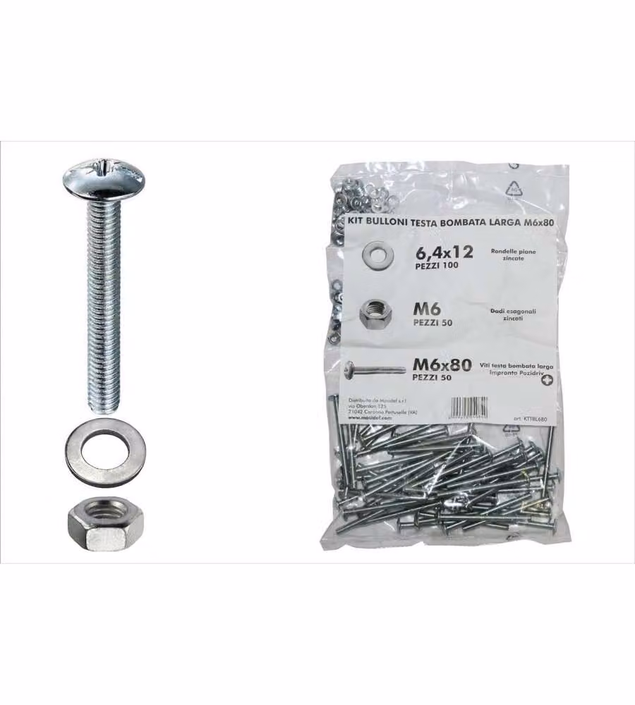 Kit viti testa bombata larga Diam. 6 x 80 + dadi + rondelle - 200 pz.