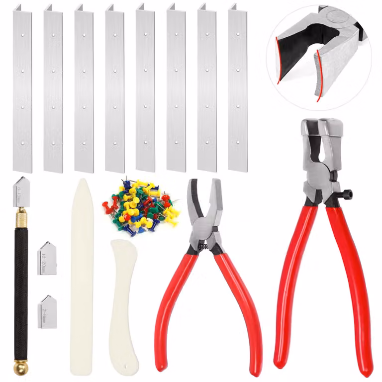 Set per il taglio del vetro, composto da 55 pezzi, con pinza a scorrimento, pinza per la rottura e blocchi per la misurazione e la marcatura