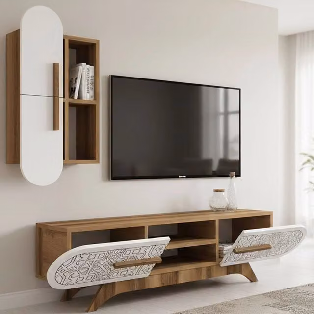 Parete attrezzata Gilberta DMORA per soggiorno, composizione moderna con mobile basso, armadio porta TV e mensole, Noce e Bianco, L: 145 cm, P: 35 cm, H: 37 cm