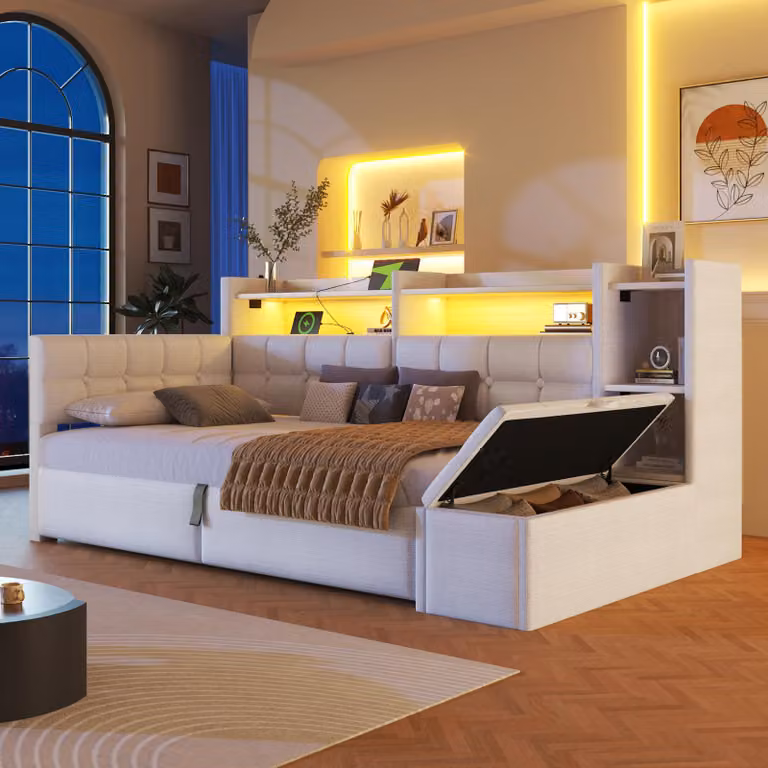 Divano letto Flieks, modello giorno, 90x200 cm, con supporto sollevabile idraulico, letto imbottito singolo con funzione contenitore e rivestimento in ecopelle, letto per ragazzi in velluto con ripiani, colore bianco