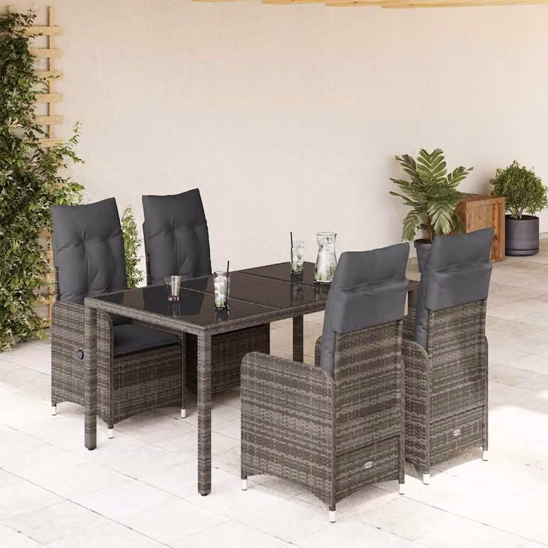 Set Bistrò da Giardino e Balcone vidaXL in Polyrattan e Vetro Grigio con 5 Pezzi e Cuscini