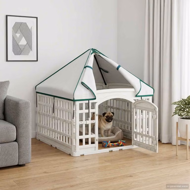 vidaXL Pannello per cani a 4 sezioni con tetto rimovibile e base antiscivolo, Bianco, L 88 x P 88 x H 112 cm