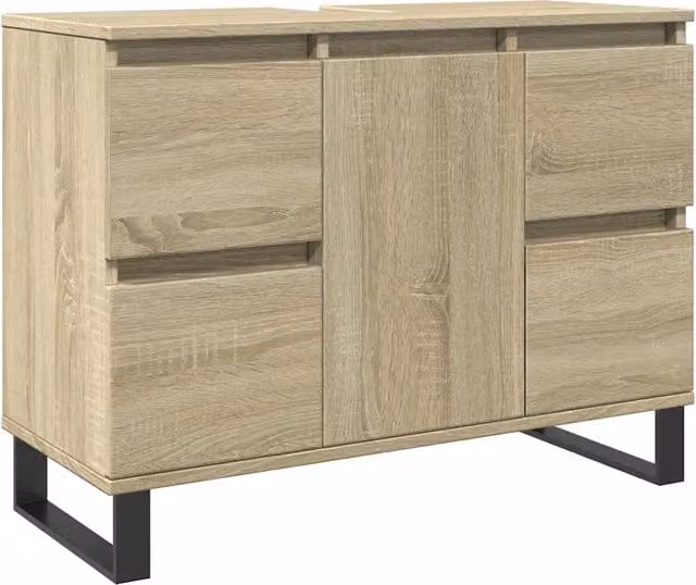 Mobile da bagno sospeso in stile industrial con ante e cassetti, finitura rovere opaco, L: 80 cm, P: 33 cm, H: 60 cm – 1