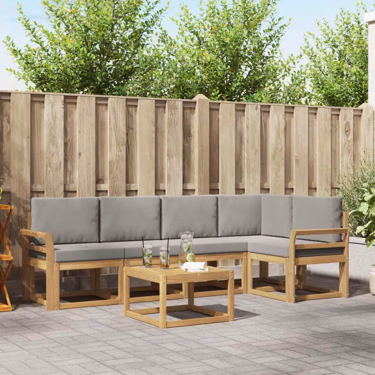 Set di divani da esterno vidaXL a forma di L con tavolo da caffè, struttura in legno di acacia e cuscini inclusi, Bianco e Grigio
