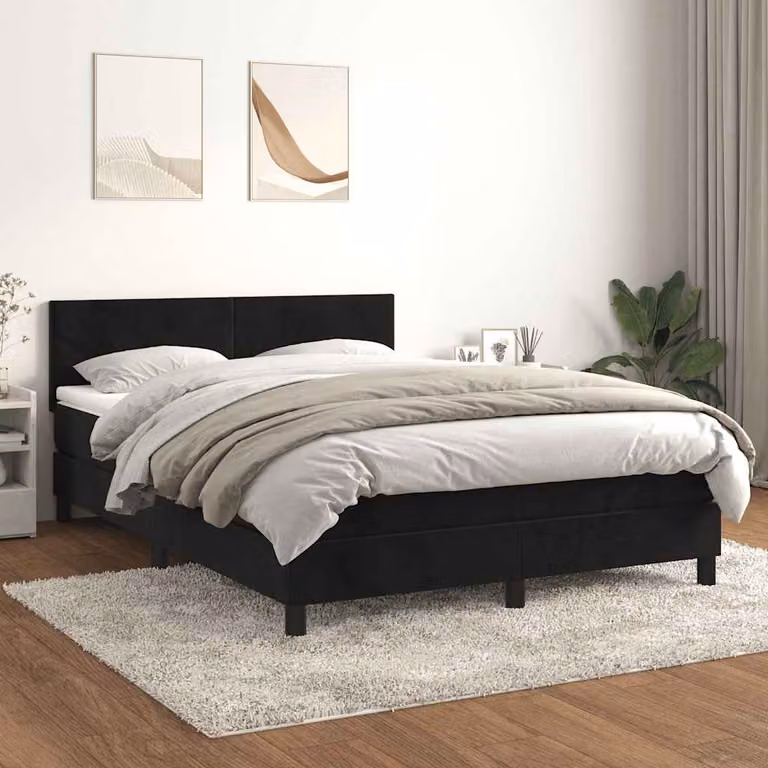 vidaXL Letto con Giroletto a Molle e Materasso Ibrido in Velluto Nero, L/P/H: 140 x 200 x 88 cm