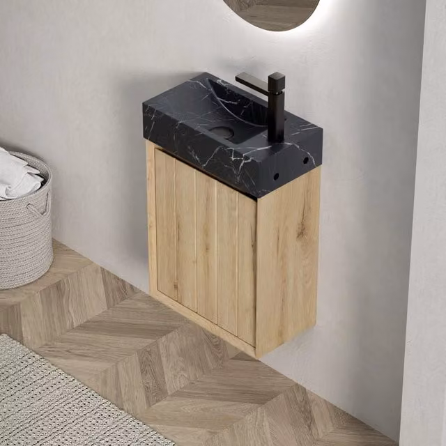 Mobile lavabo bagno sospeso REDOM in marmo nero e rovere bianco con illuminazione LED integrata