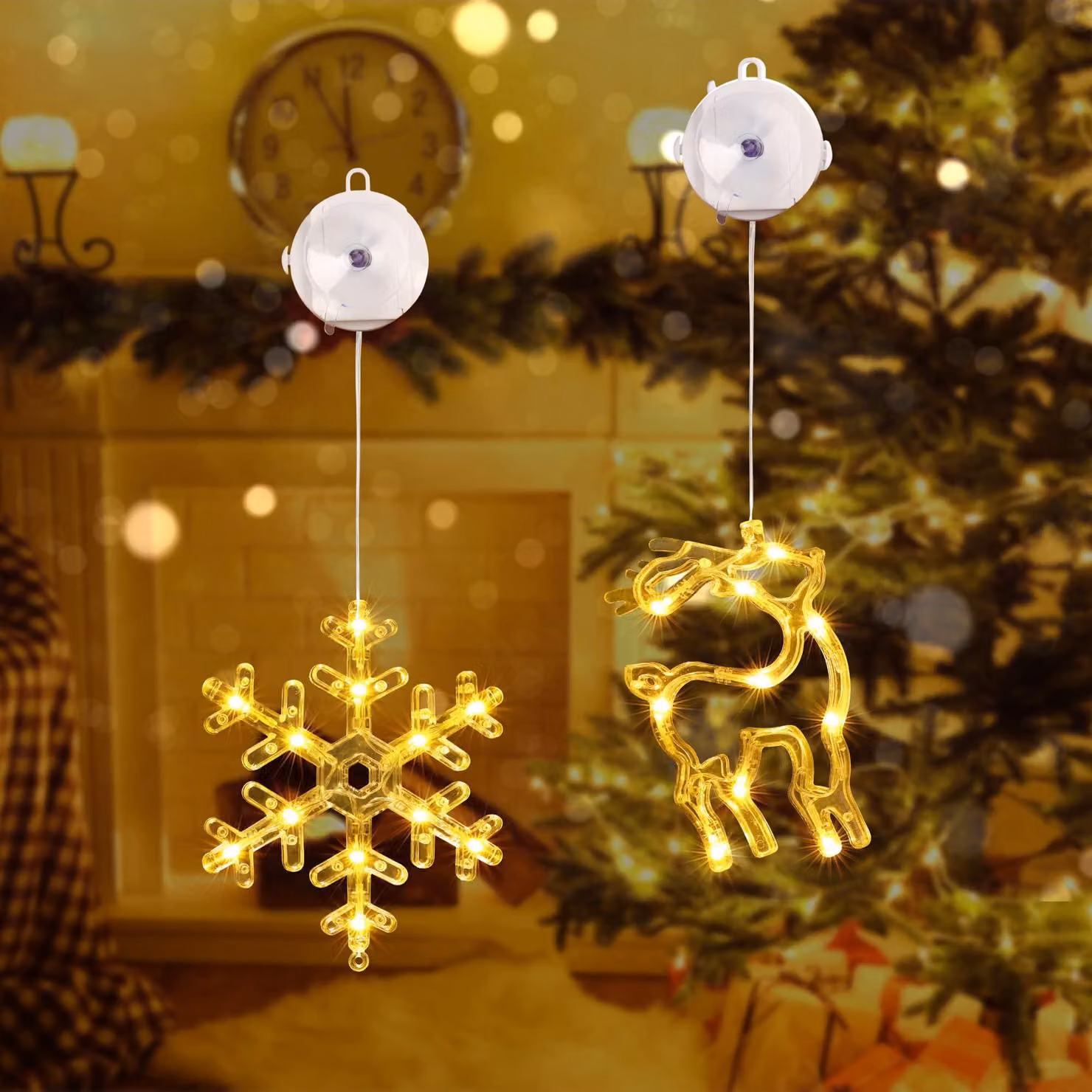 Set di 2 luci decorative per finestre, con 10 LED, luce bianco caldo, alimentate a batteria, con timer
