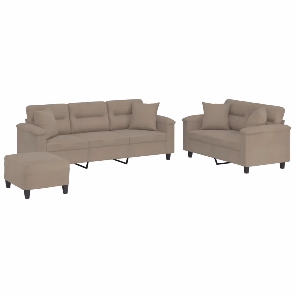 Set di Divani 3 Pezzi vidaXL con Pouf e Cuscini in Microfibra Beige e Grigio – 2