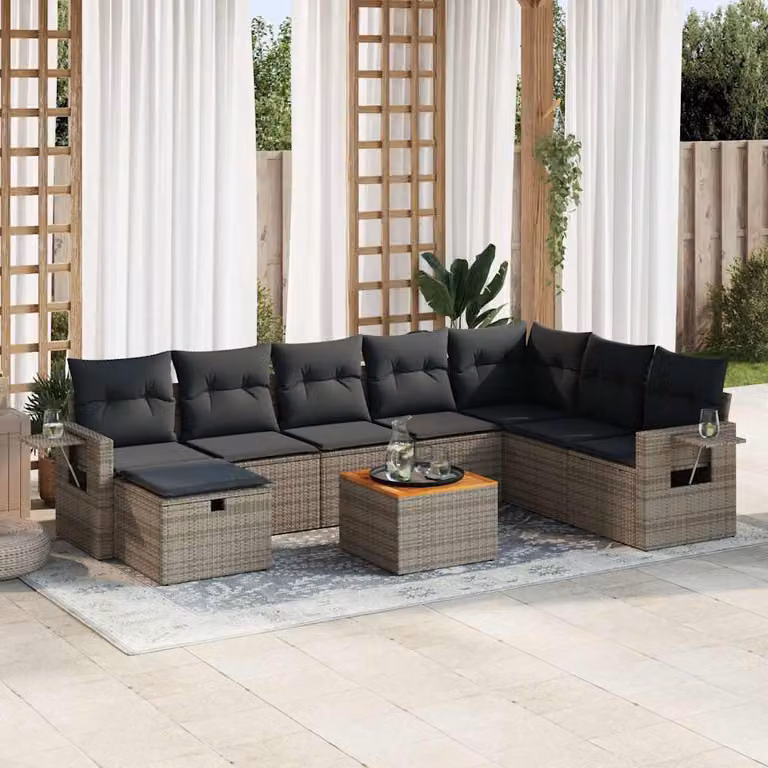 Set Divano da Giardino vidaXL 9 pz in Polyrattan Grigio e Marrone con Cuscini e Tavolino da Esterno a Forma di L