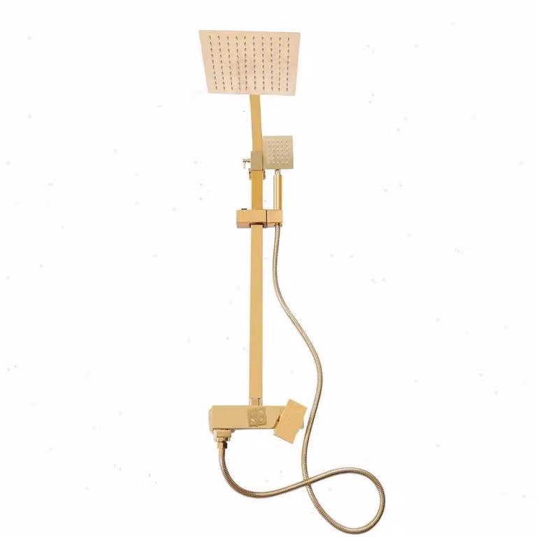Set doccia - Doccia a pioggia con soffione manuale - Soffione quadrato 20x20 cm - Colonna regolabile in altezza da 80 a 113 cm - Tubo flessibile per doccia da 1,5 m - Materiale: rame e acciaio inossidabile - Montaggio a parete - Colore: oro
