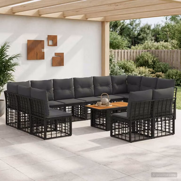 Set Divano da Giardino vidaXL 13 pz in Polyrattan con Cuscini, Nero e Grigio