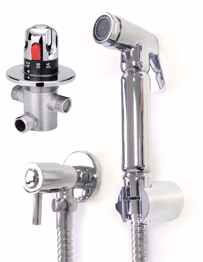 Set doccia termostatico, in ottone cromato, con soffione a mano per il WC
