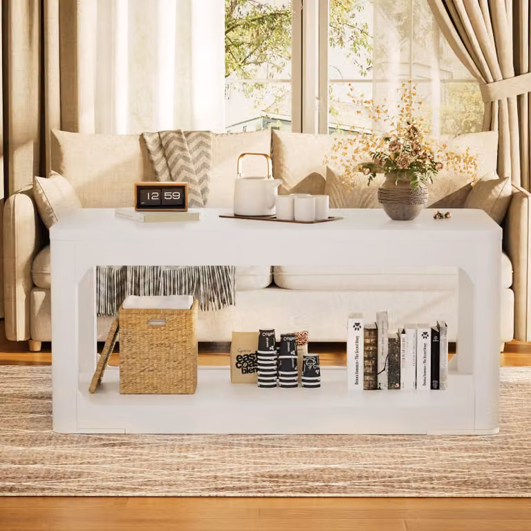 Tavolino quadrato con spazio contenitivo aperto, piano del tavolo spesso 3 cm, tavolino da divano con design cavo, ideale per il soggiorno, colore bianco