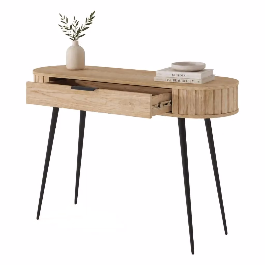 Toeletta DMORA con un cassetto in finitura rovere e struttura moderna, L: 120 cm, P: 40 cm, H: 80 cm – 2
