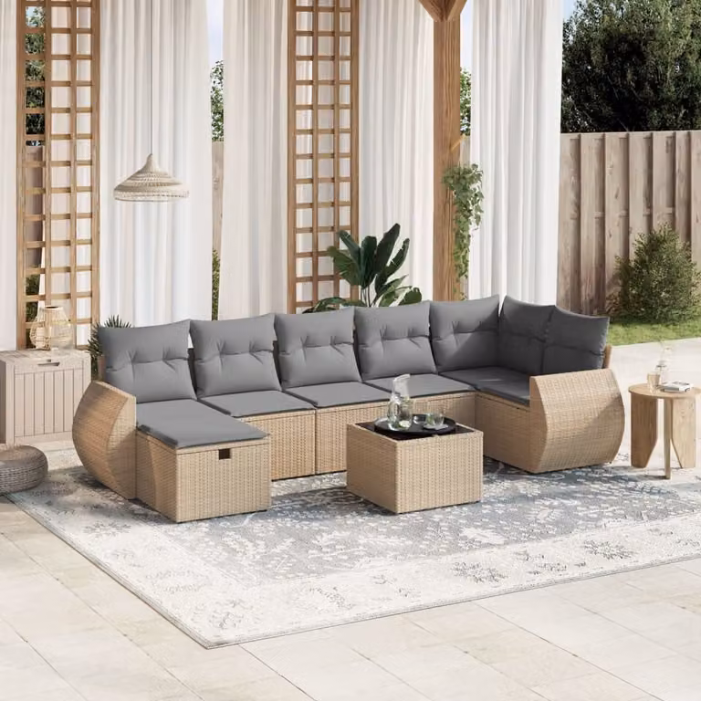 vidaXL Set Divano da Giardino a L 8 pz con Cuscini Beige e Grigio in Polyrattan e Acciaio
