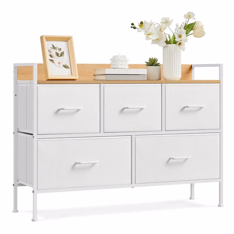 Cassettiera per Camera da Letto con Cassetti in Tessuto con Maniglie, Bianco Nuvola + Beige Rovere