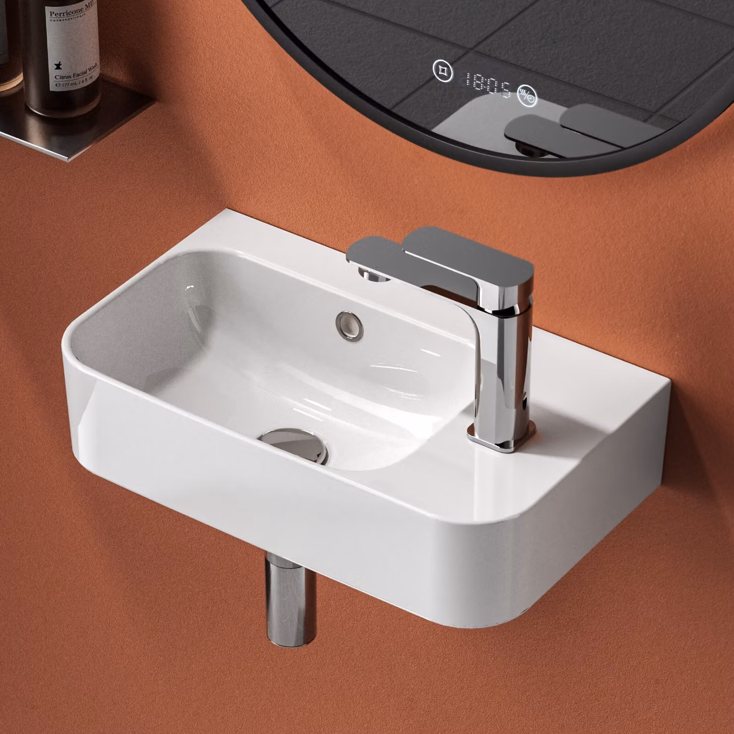 EMKE Lavabo sospeso Lavabo angolare， Lavabo in Vetroceramica, con foro per rubinetto a destra, lucido, bianco, 450*265*156 mm