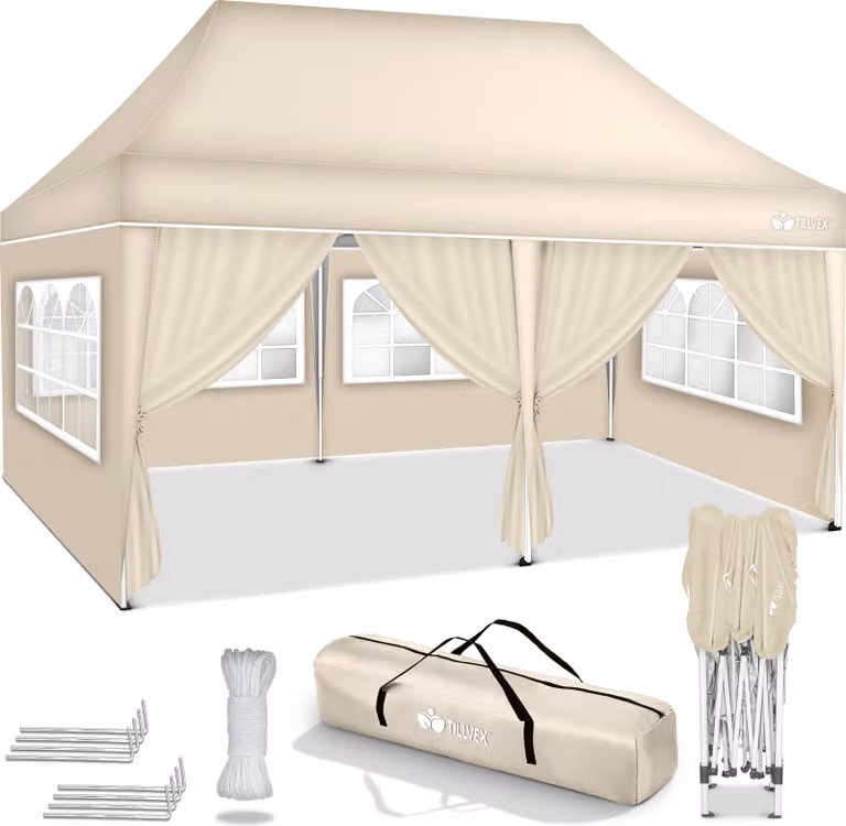 tillvex gazebo 3x6m - con 6 pareti laterali Beige impermeabile | gazebo pieghevole pop-up regolabile in altezza | tenda da giardino protezione UV 50+ | tenda da festa con borsa per giardino