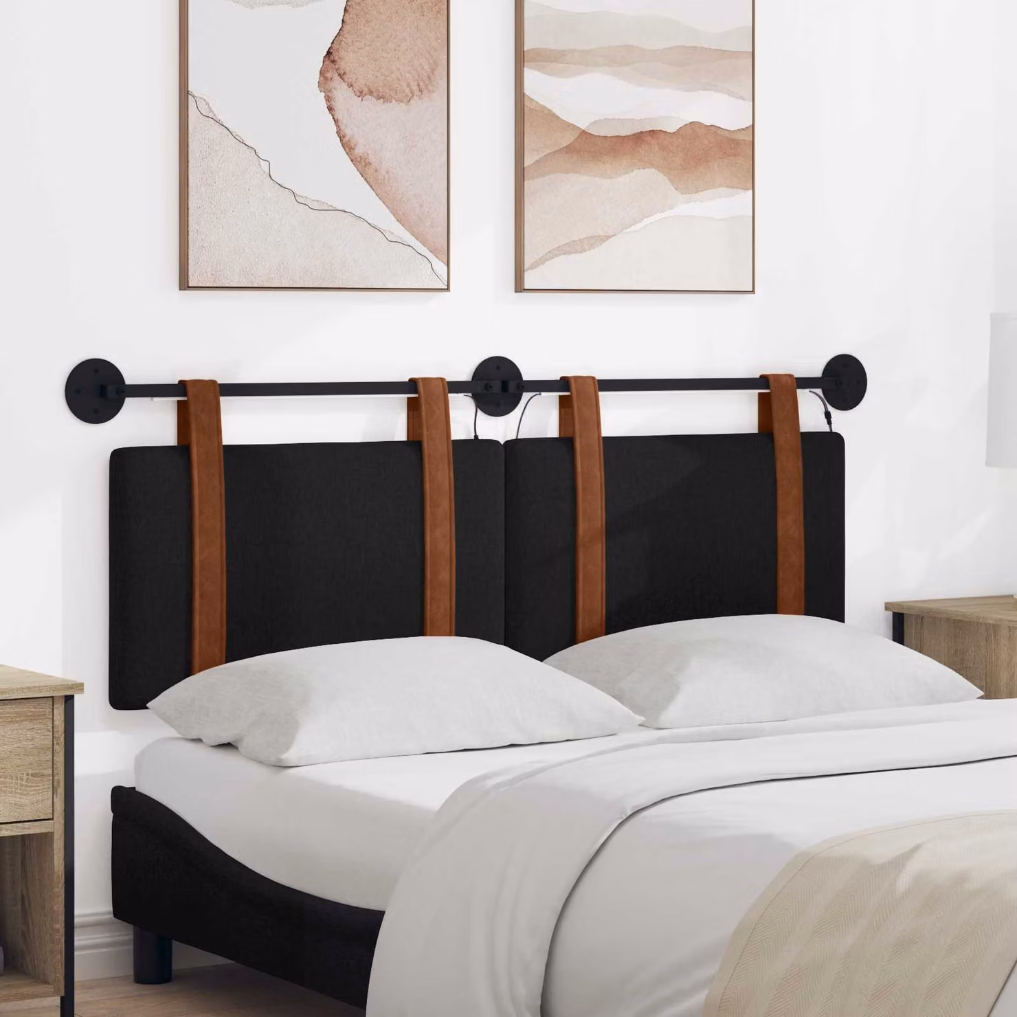 Testiera per letto sospesa vidaXL con luce LED integrata in similpelle nera e legno