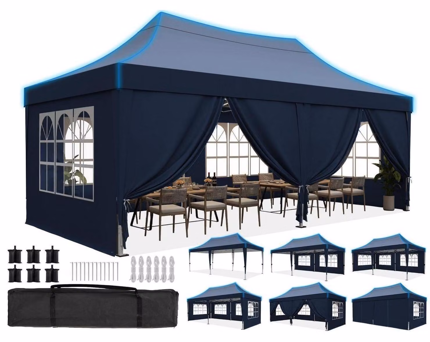 Gazebo da esterno 3x6 metri, impermeabile, con pareti laterali, struttura in acciaio, colore blu, tetto a spiovente, protezione UV 50+