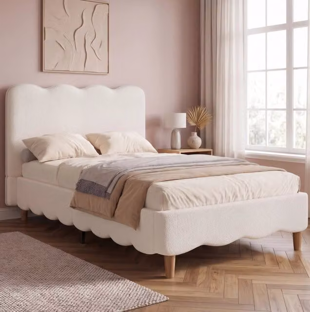 Letto singolo imbottito per bambini 90x200 cm con rete a doghe, testiera in bouclé bianco e gambe in legno massello