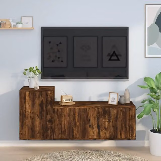 Set di 2 mobili porta TV vidaXL in legno multistrato color rovere fumo marrone per soggiorno con montaggio a parete