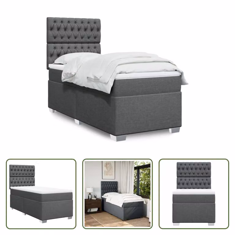 The Living Store Letto a molle con materasso grigio scuro 100x200 cm in tessuto