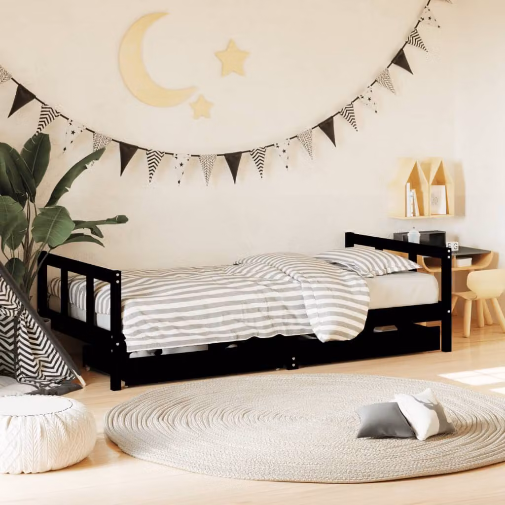 Giroletto per bambini vidaXL in legno massello di pino con cassetti, colore nero, L/P/H: 190 x 90 x 150 cm – 1