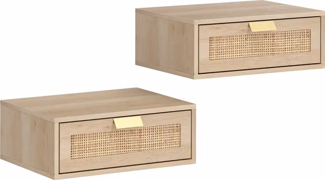 HOMCOM Set di 2 comodini da parete, comodini sospesi con cassetto effetto rattan, 40 x 30 x 15 cm, rovere   Aosom Italy
