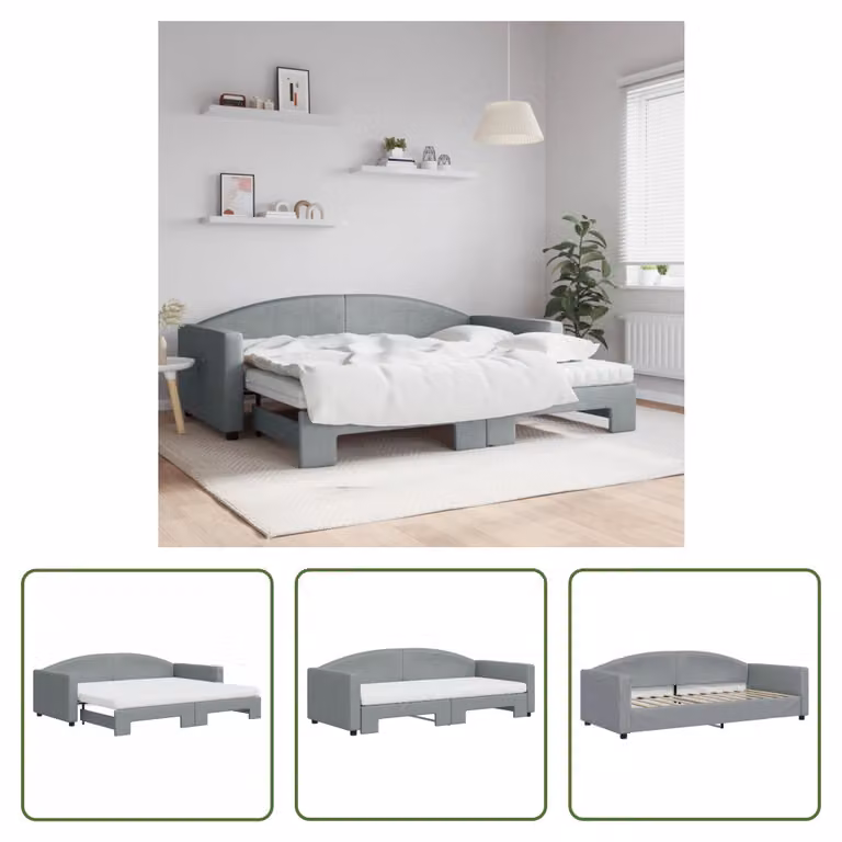 The Living Store Letto da giorno allungabile con materasso grigio chiaro 90x200 cm in tessuto
