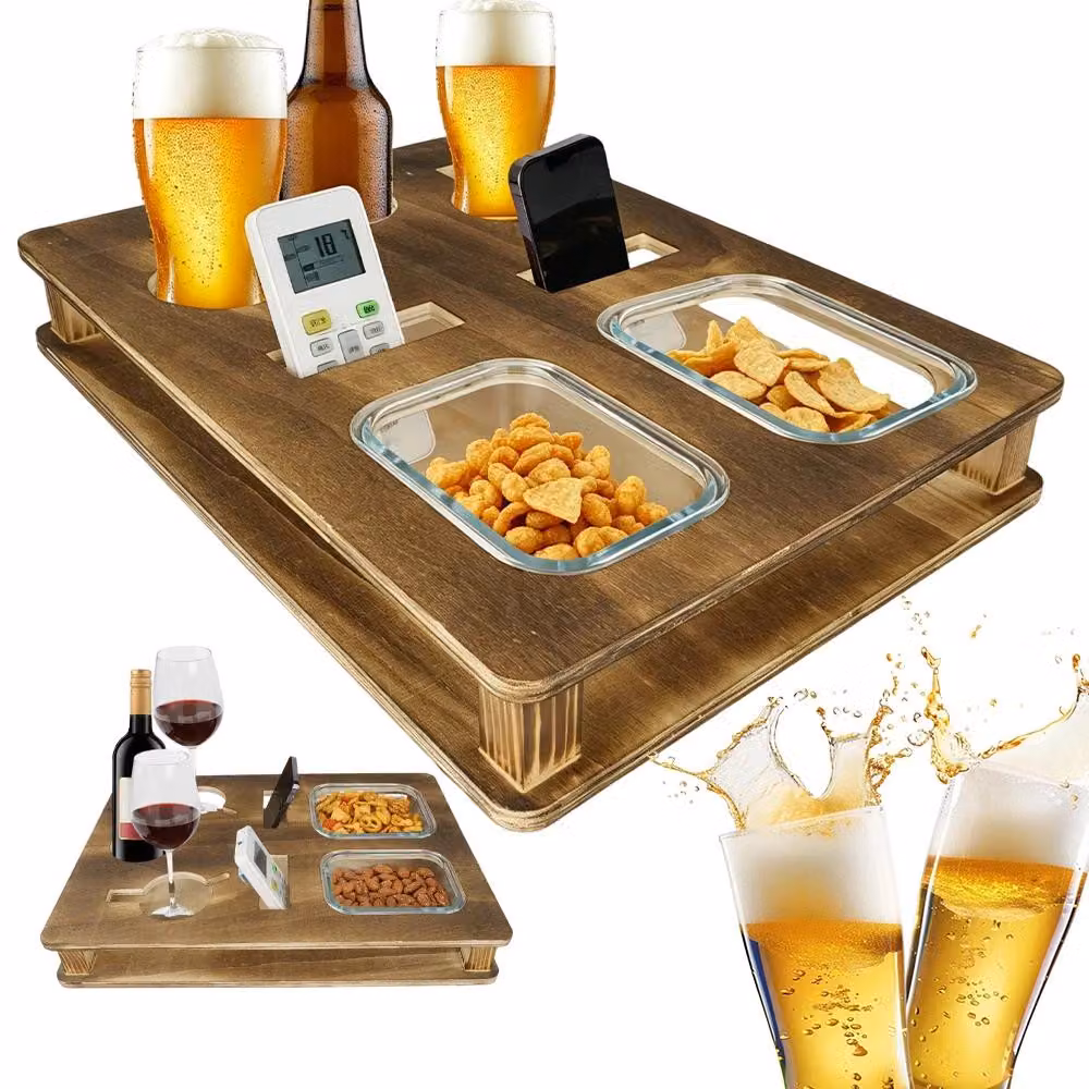 Contenitore per tagliere da portata - Scatola portaoggetti - 30 x 45 cm - Profondità 7 cm - 2 ciotole in vetro - Diversi scomparti - Frontale in legno