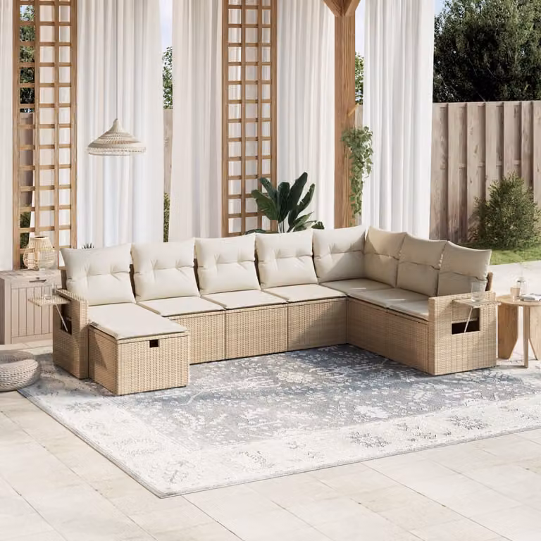 vidaXL Set Divano da Giardino a L 8 pz con Cuscini Beige e Ottoman in Polyrattan e Acciaio