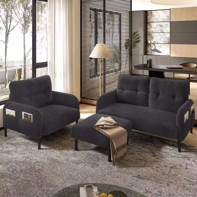 Set salotto 3 pezzi in velluto a coste grigio con divano 2 posti, poltrona e pouf