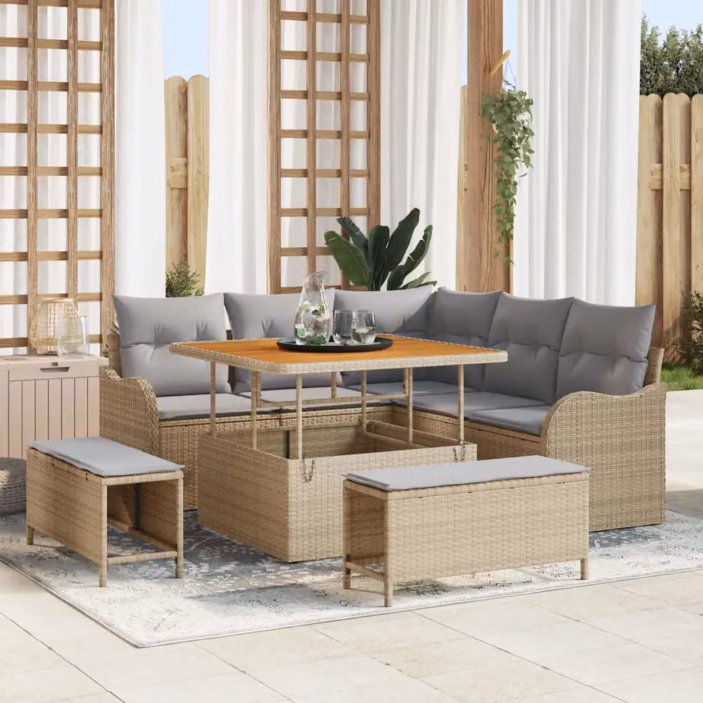 Set Divano da Giardino vidaXL 8 pz Beige con Tavolino e Ottoman in Polyrattan e Acciaio