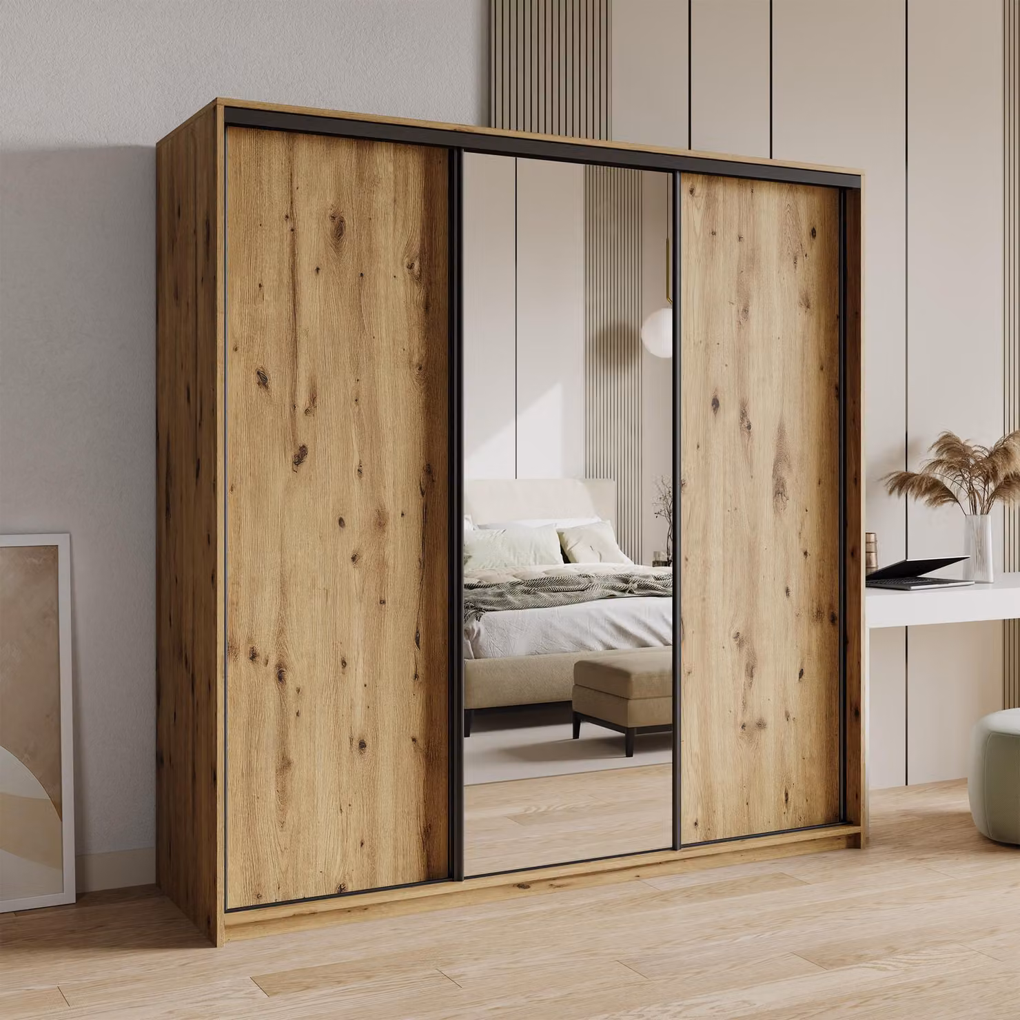 Armadio scorrevole Masseno TAVI 180/205/60 cm Armadio con 4 cassetti Armadio per camera da letto a 3 ante con specchio Rovere Artisan