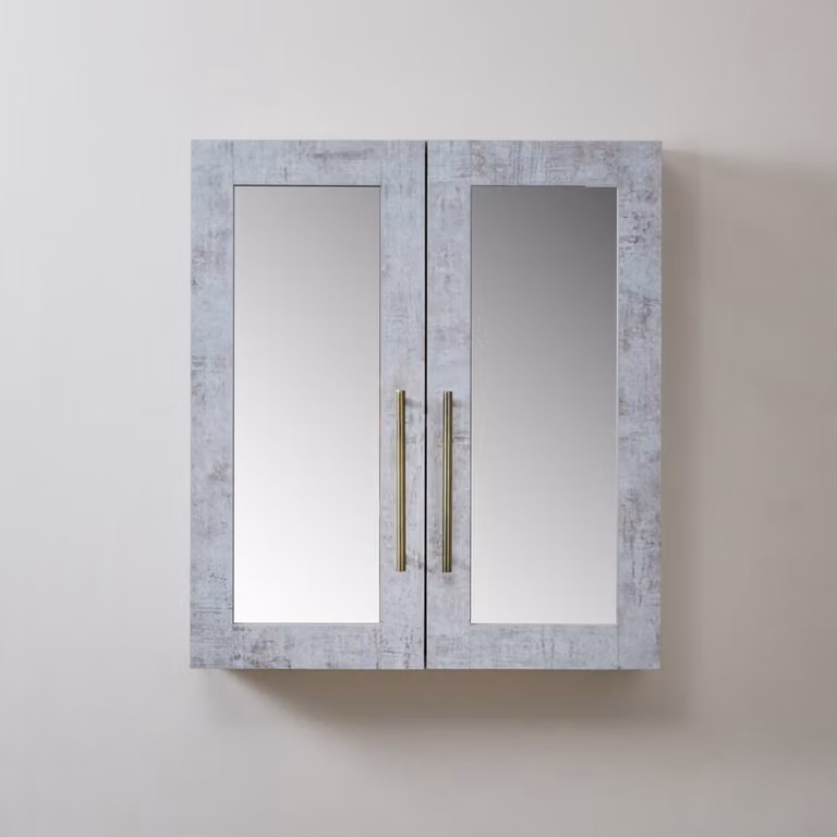 Mobiletto a Specchio da 900mm x 650mm Grigio Cemento - Completo di Maniglie Moderne a Barra in Ottone Spazzolato - Cluo