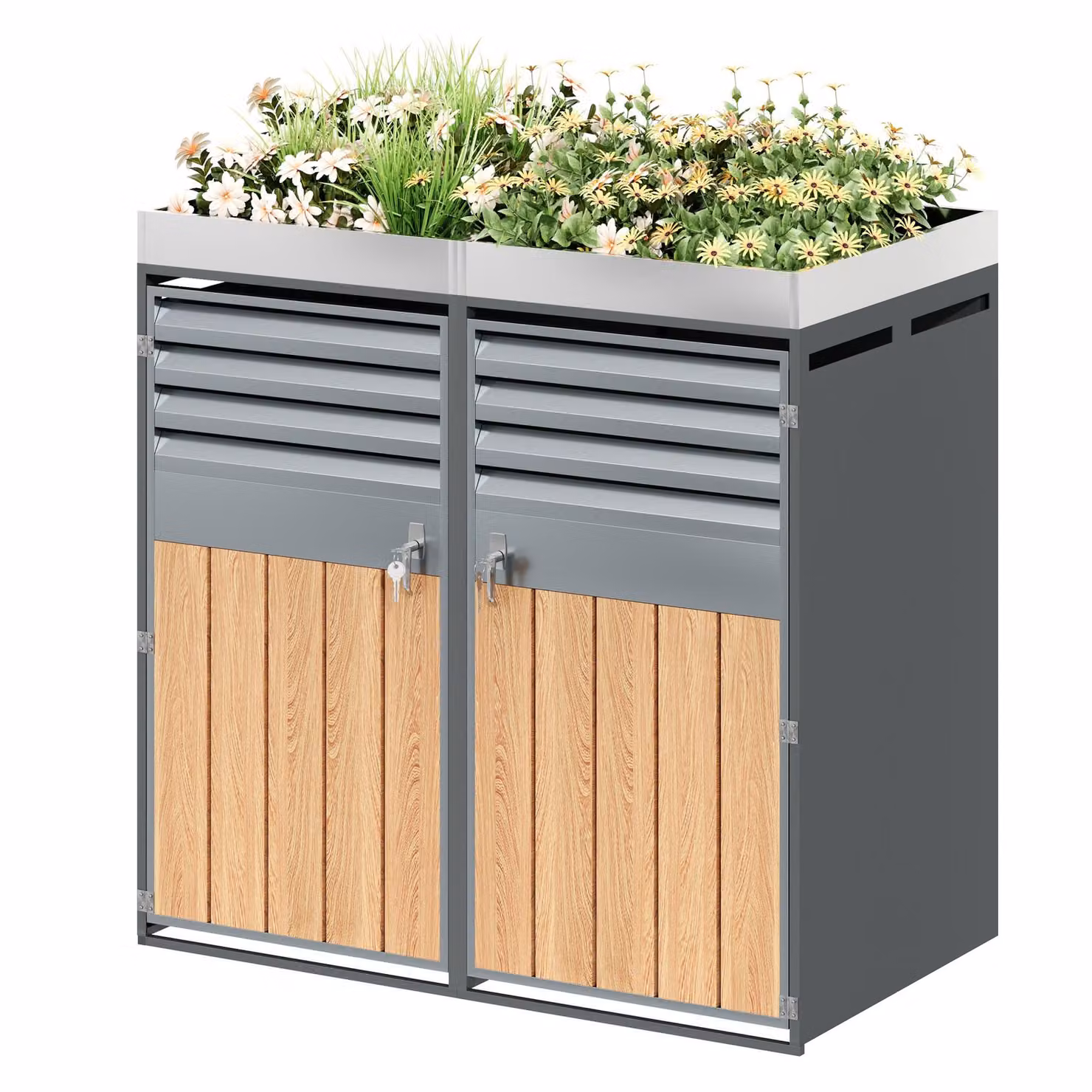 Contenitore per bidoni della spazzatura, adatto per 4 bidoni, con serratura, area per piante, sistema di ventilazione a lamelle e 2 porte, realizzato in acciaio zincato, con aspetto legno/grigio