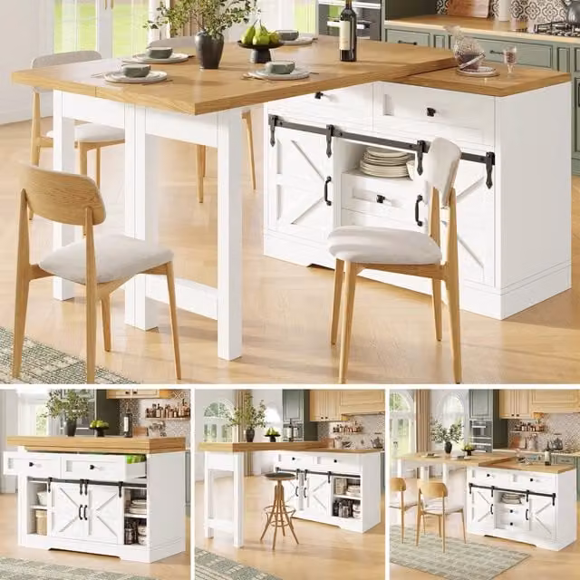 Isola Cucina Multifunzione con Tavolo da Pranzo, Armadio Laterale con Cassetti Nascosti, Pannelli Girevoli a 360°, Porta Scorrevole Stile Granaio, Design 2-in-1