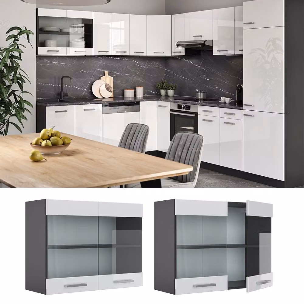 Pensile da cucina Vicco R-Line Bianco lucido e Antracite con ante in vetro L: 80 cm, H: 60 cm, P: 31 cm – 2