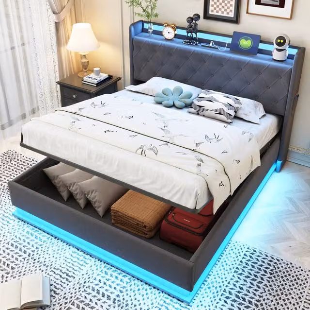 Letto imbottito LED 140 x 200 cm con contenitore idraulico; USB e rete metallica; grigio