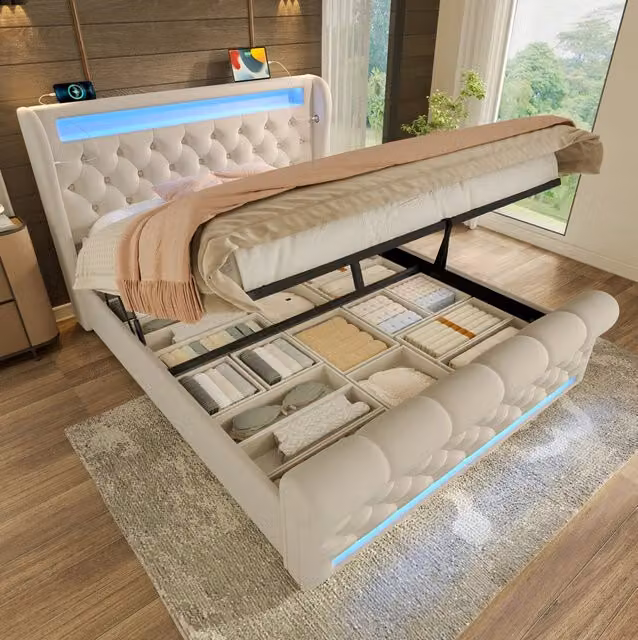 Letto matrimoniale imbottito ULEVR 140x190 cm con contenitore idraulico, LED, USB e Type-C, velluto beige